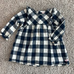 RuffleButts Toddler Girl Waterfall Plaid Navy & White Long Sleeve Dress